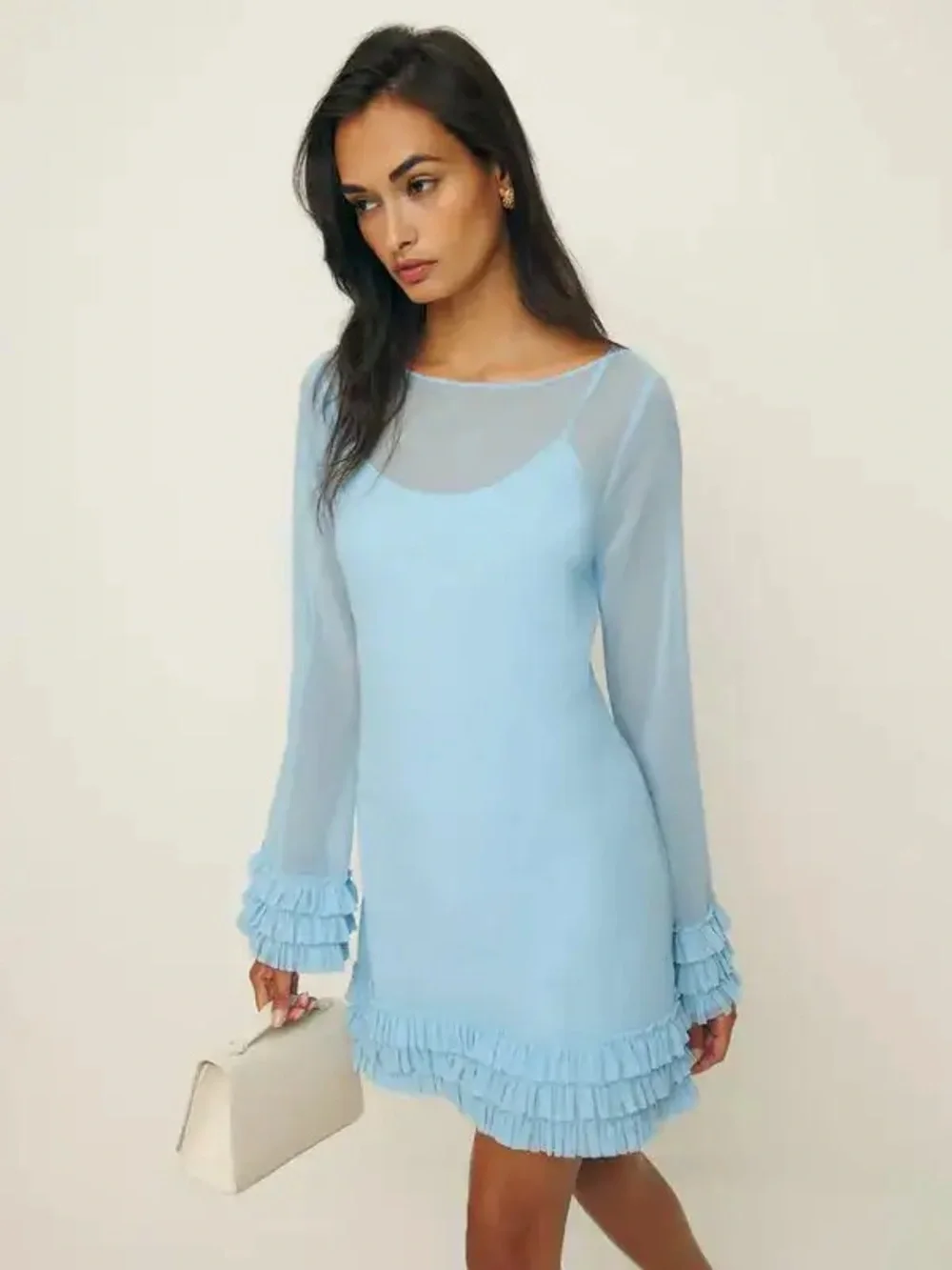 Reformation Avalina Sheer‎ Long-Sleeve Mini Dress Light Blue 4 MISSING SLIP